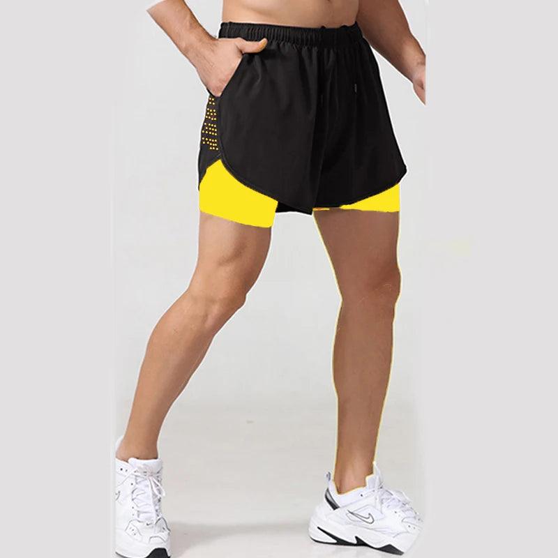 Shorts esportivos de academia 2 em 1, secagem rápida, treino, academia, fitness, corrida, calças curtas, verão, shorts masculinos